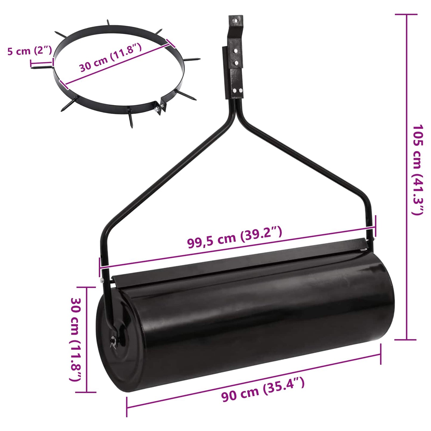 vidaXL Garden Lawn Roller Pull with Aerator Clamps Ø 30 x 90 cm Steel - Black