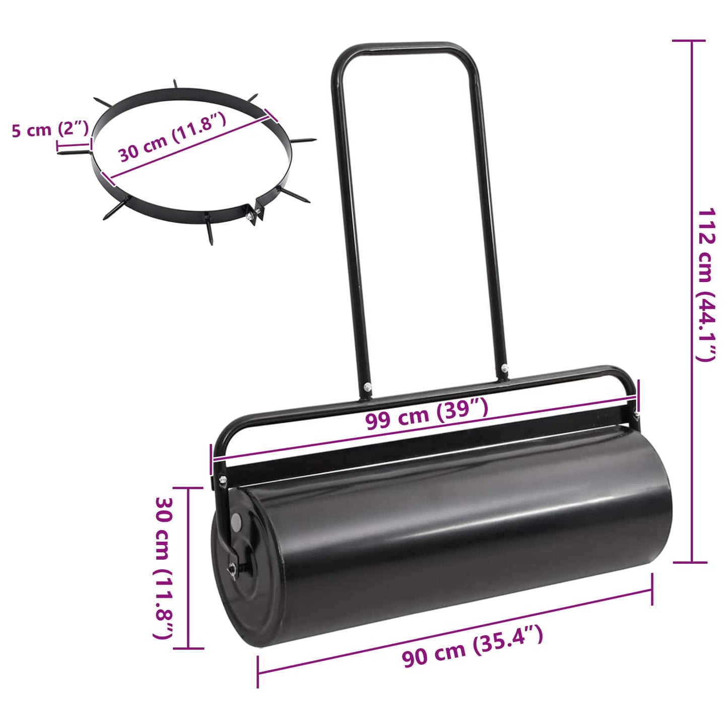vidaXL Garden Lawn Roller Pull with Aerator Clamps Ø 30 x 90 cm Steel - Black - 61189