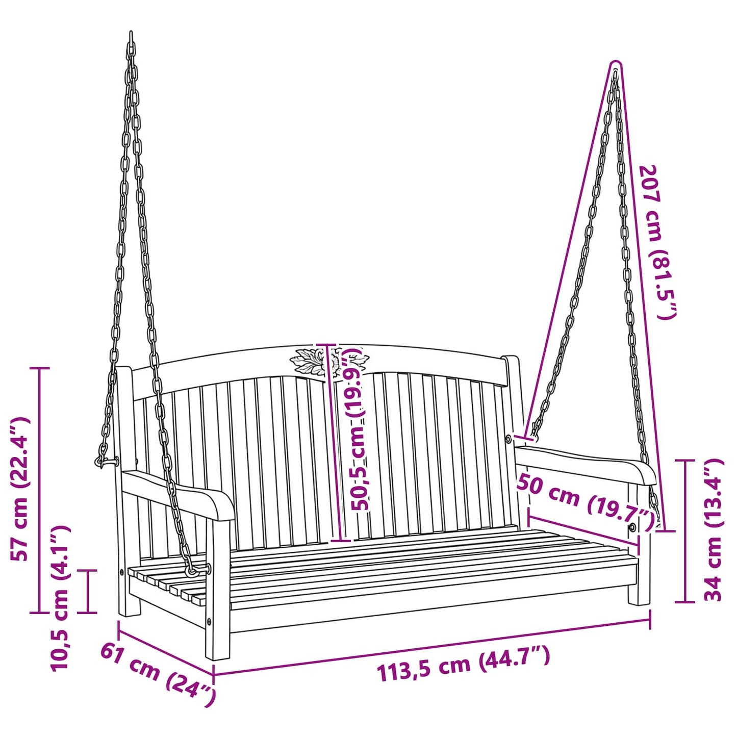 vidaXL Swing Bench 114 x 61 x 61.5 cm Solid Teak Wood Natural - Brown