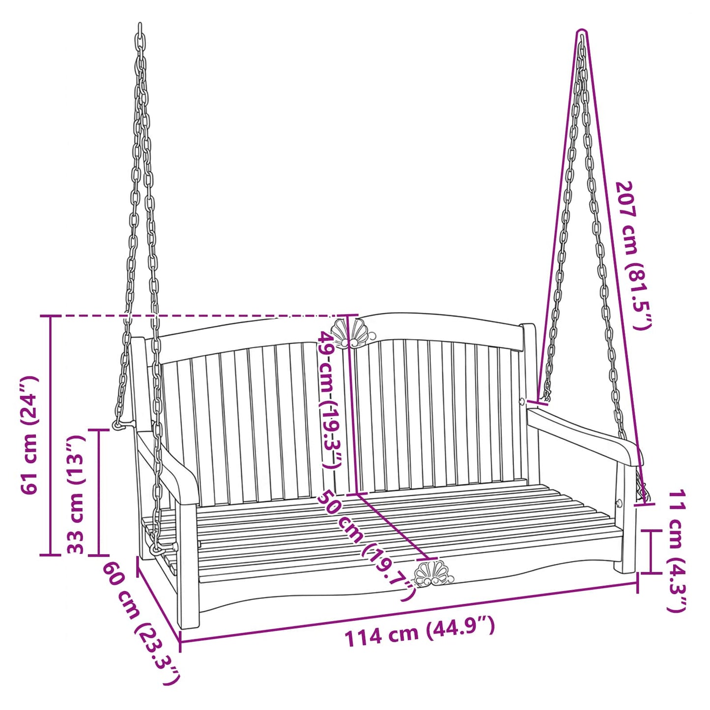vidaXL Swing Bench 114 x 60 x 60.5 cm Solid Teak Wood Natural - Brown