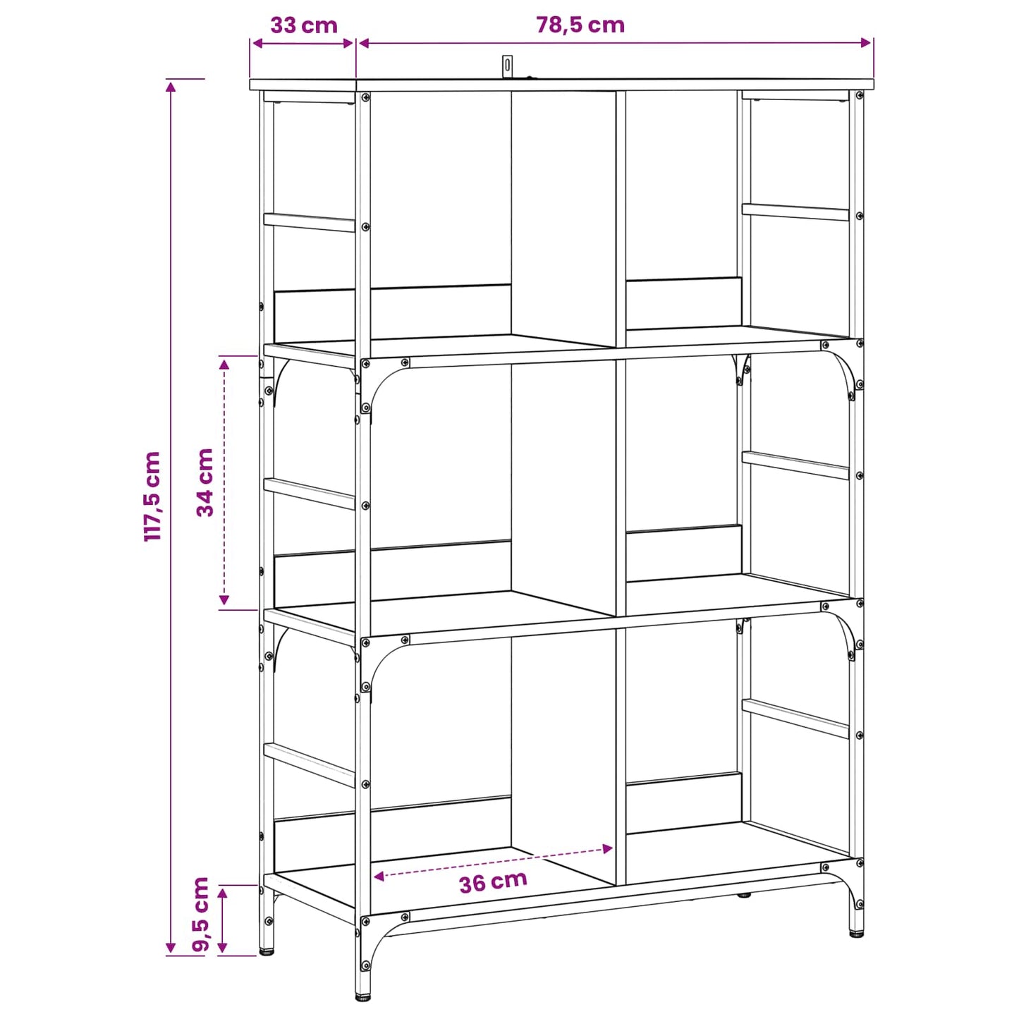 vidaXL Bookshelf 4-Tier 78.5 x 33 x 117.5 cm metal PB Artisan oak - Brown