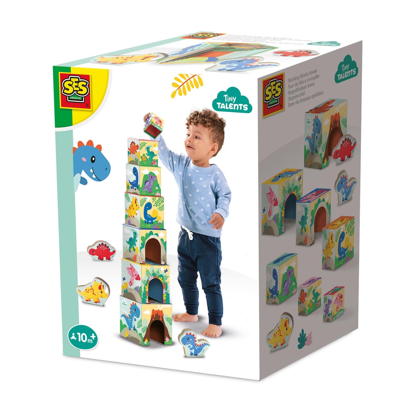 Stacking blocks tower with dino figures