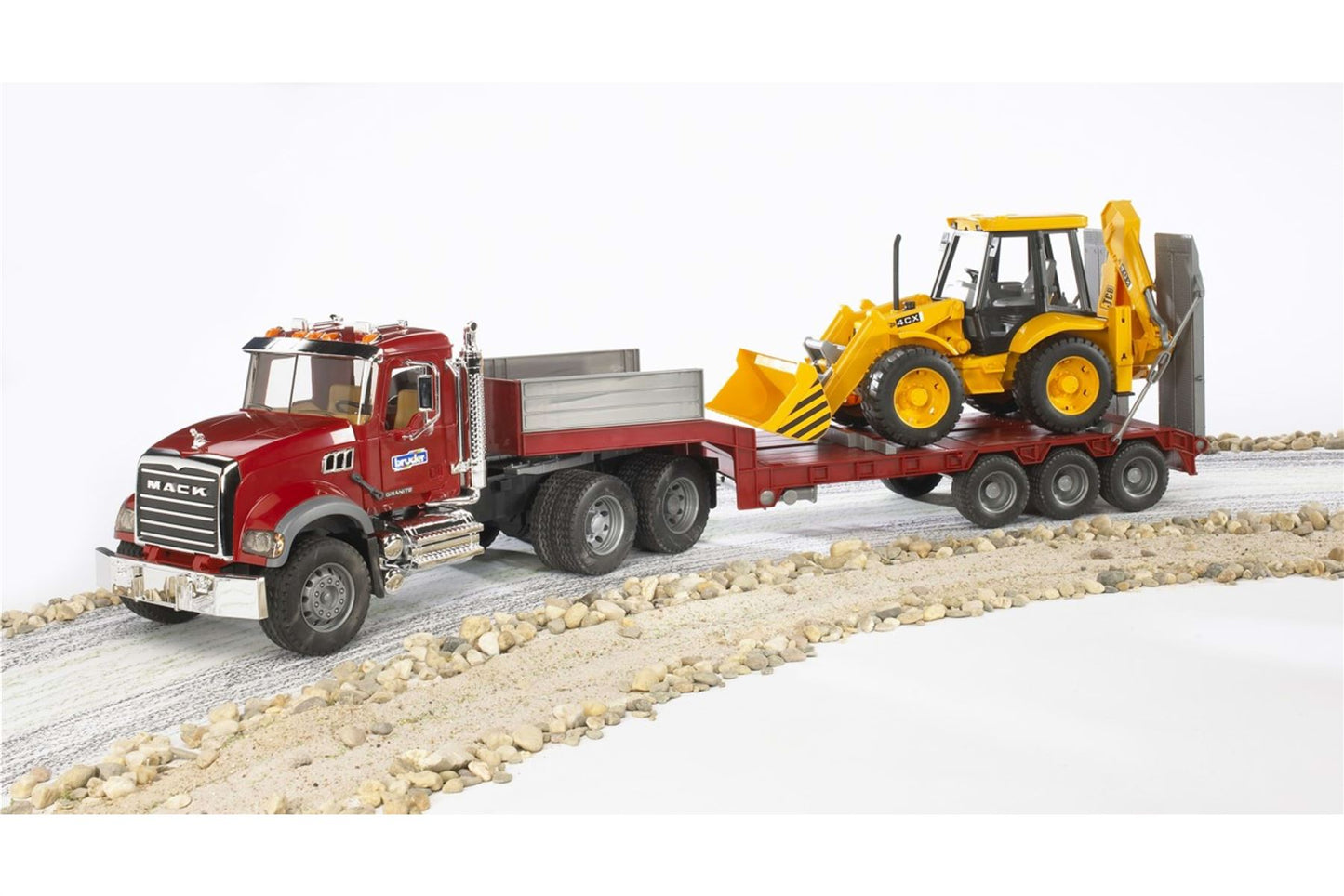 MACK Granite Low loader truck with JCB 4CX Backhoe loader