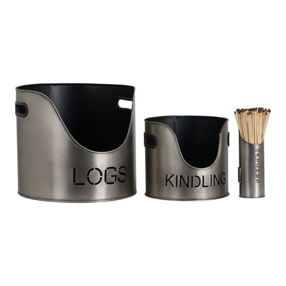 Pewter Finish Logs And Kindling Buckets & Matchstick Holder - SILVER