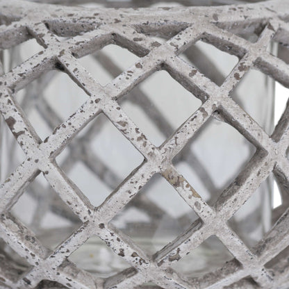Round Ceramic Lattice Hurricane Lantern - STONE