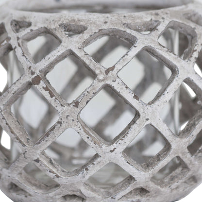 Large Round Ceramic Lattice Hurricane Lantern - STONE