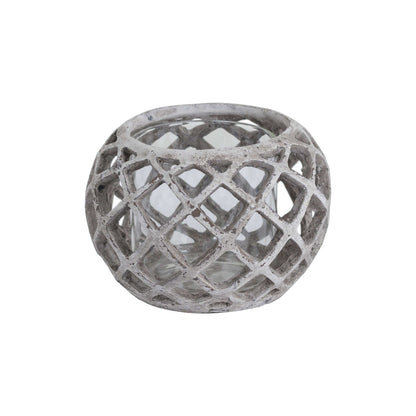 Large Round Ceramic Lattice Hurricane Lantern - STONE