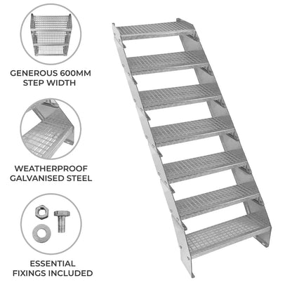 Adjustable 7 Section Galvanised Staircase - 600mm Wide