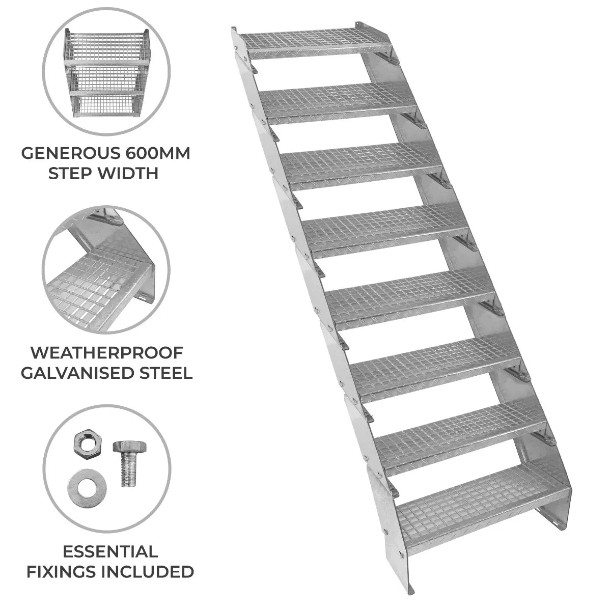 Adjustable 8 Section Galvanised Staircase - 600mm Wide