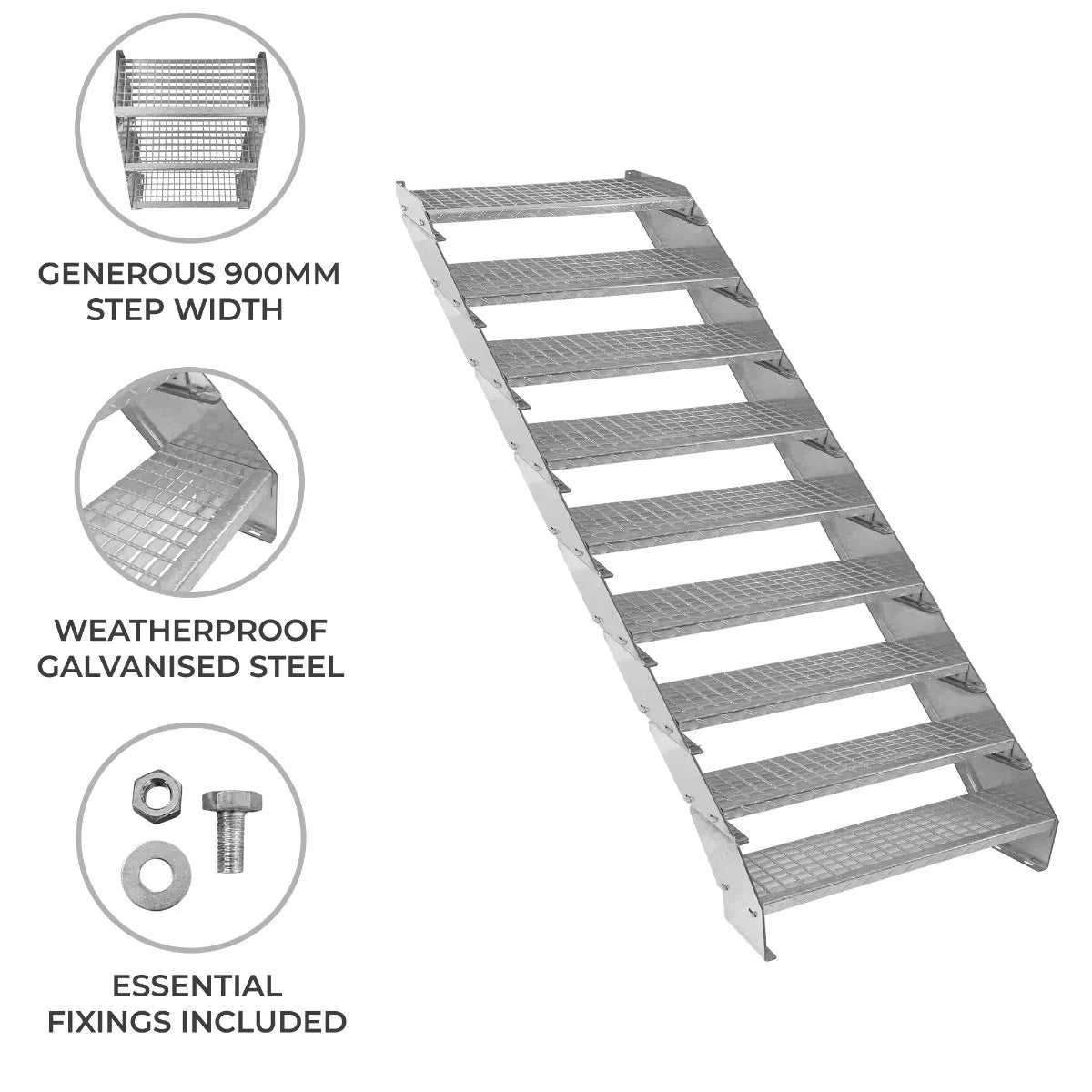Adjustable 9 Section Galvanised Staircase - 900mm Wide