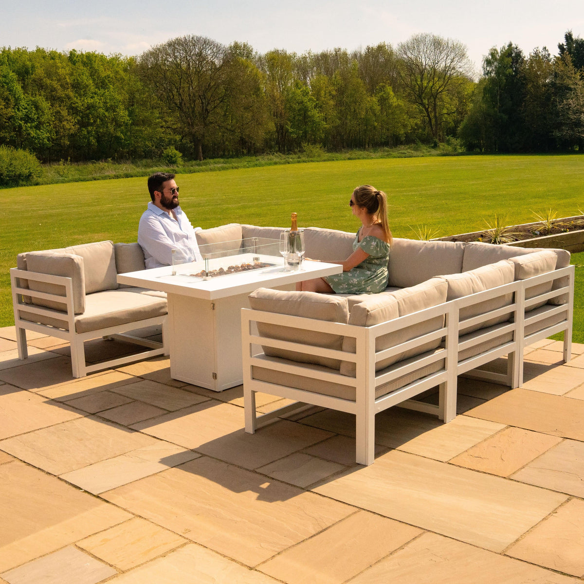 Modular Garden Furniture Set With Fire Pit - White