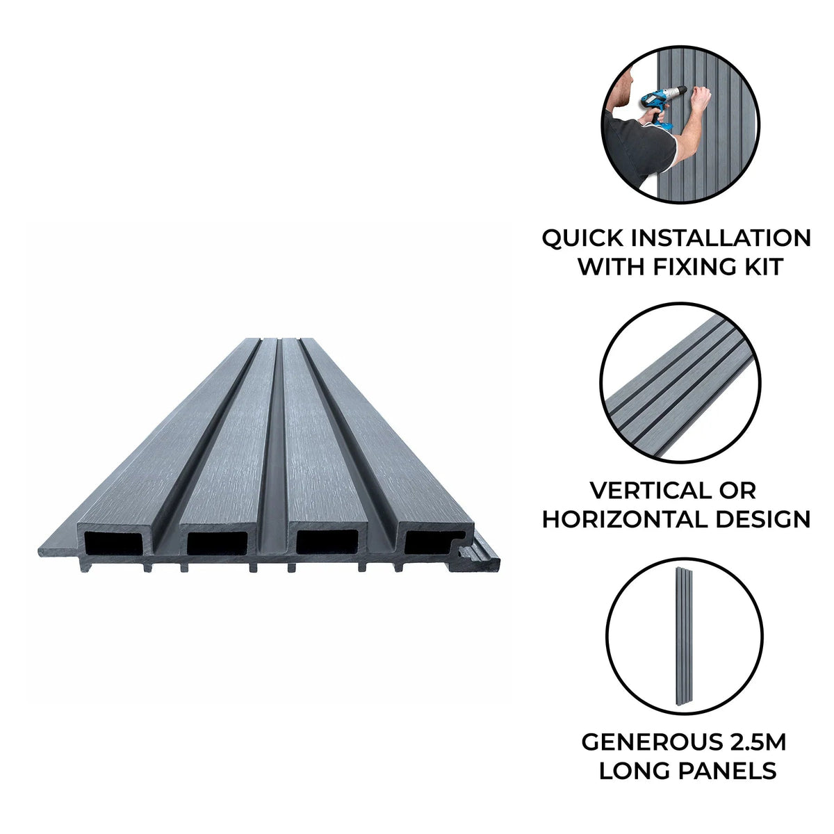 WPC Slatted Wall Cladding x 4 Panels – Grey