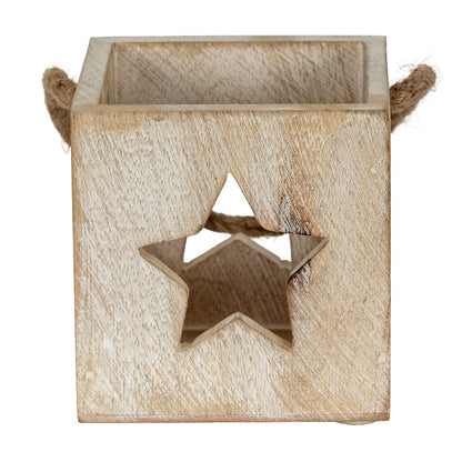 Washed Wood Star Tealight Candle Holder - WHITE