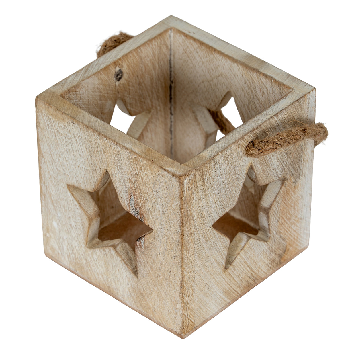 Washed Wood Star Tealight Candle Holder - WHITE