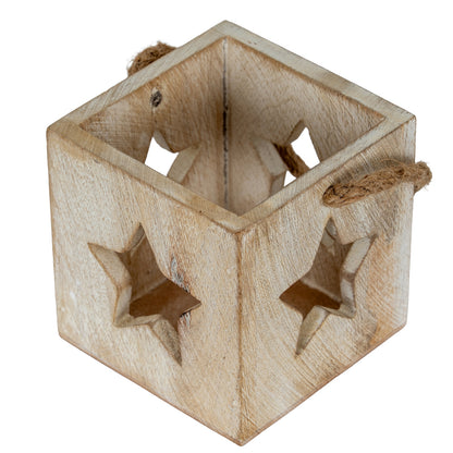 Washed Wood Star Tealight Candle Holder - WHITE