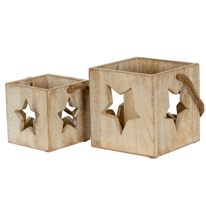 Washed Wood Star Tealight Candle Holder - WHITE
