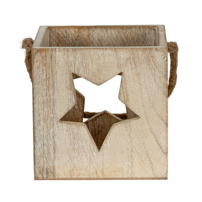 Washed Wood Large Star Tealight Candle Holder - WHITE