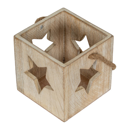 Washed Wood Large Star Tealight Candle Holder - WHITE