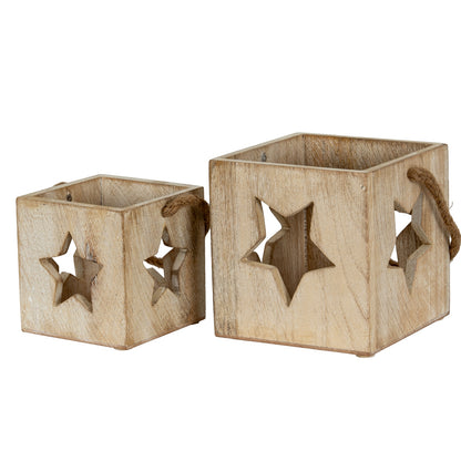 Washed Wood Large Star Tealight Candle Holder - WHITE