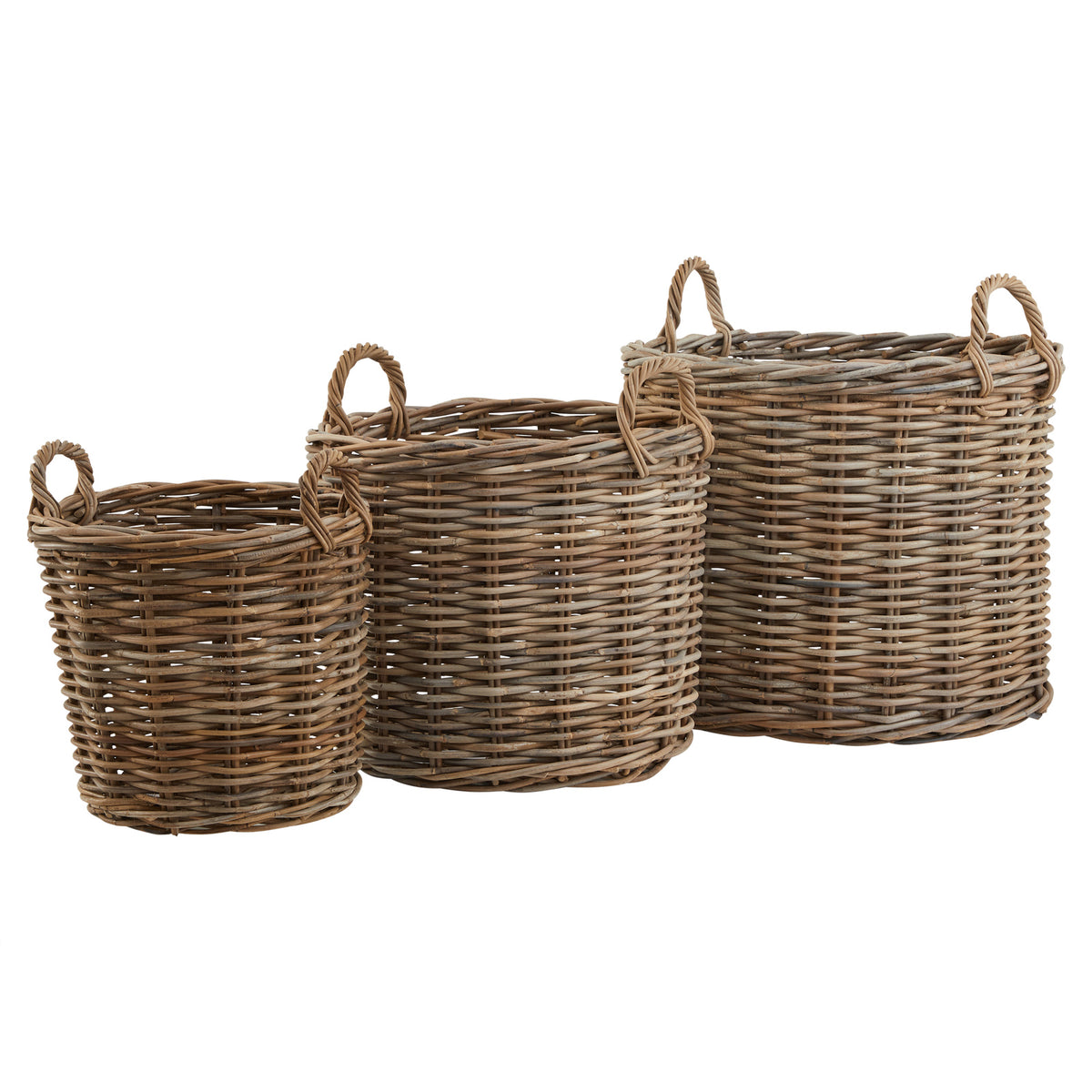 Set of 3 Kubu Rattan Round Storage Baskets - BROWN