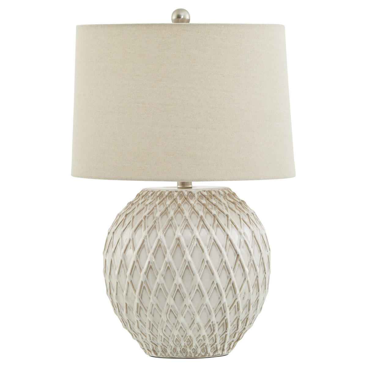 Lattice Ceramic Table Lamp With Linen Shade - WHITE