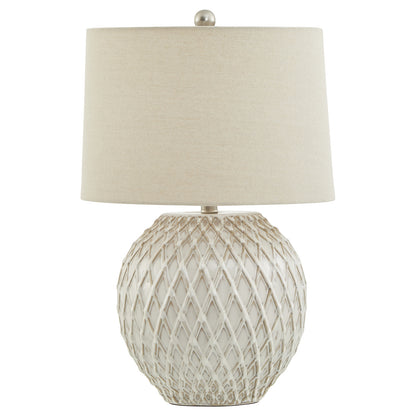 Lattice Ceramic Table Lamp With Linen Shade - WHITE