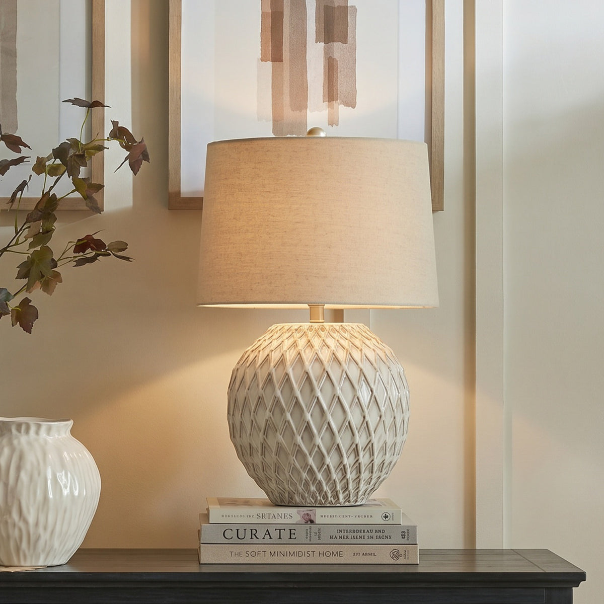 Lattice Ceramic Table Lamp With Linen Shade - WHITE
