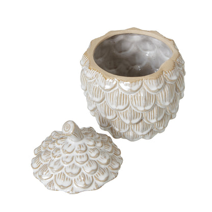Large Ceramic Pine Cone Trinket Dish With Lid - WHITE