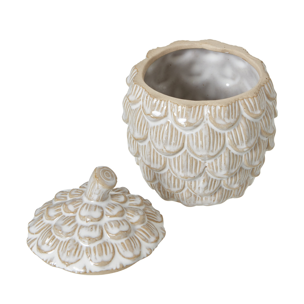 Medium Ceramic Pine Cone Trinket Dish With Lid - WHITE