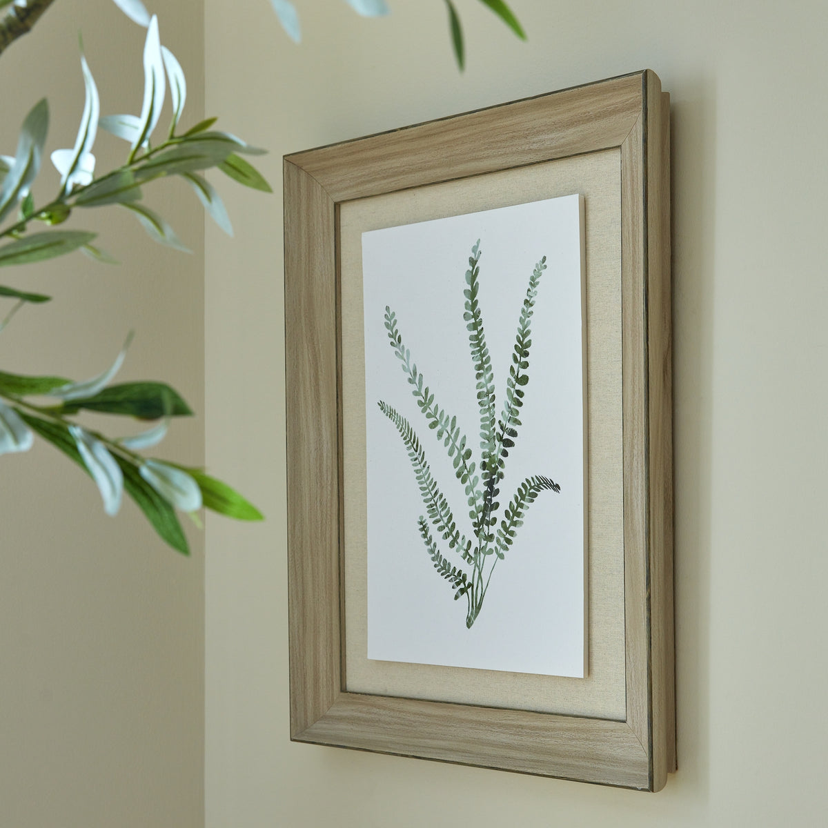 Watercolour Delicate Fern In Washed Wood Frame - BROWN