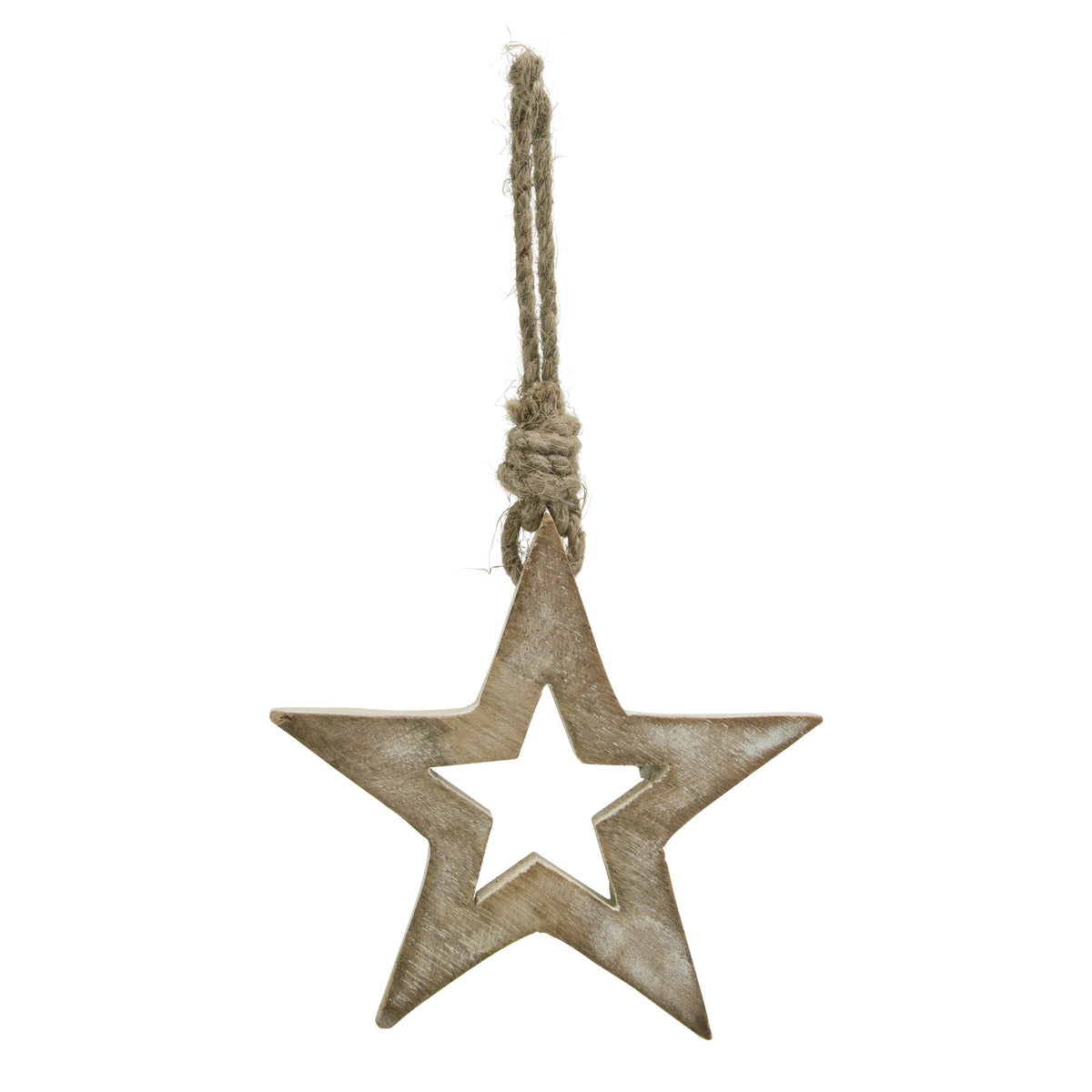 White Wash Collection Small Wooden Hanging Star Decoration - BROWN