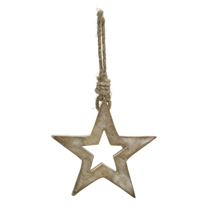 White Wash Collection Small Wooden Hanging Star Decoration - BROWN