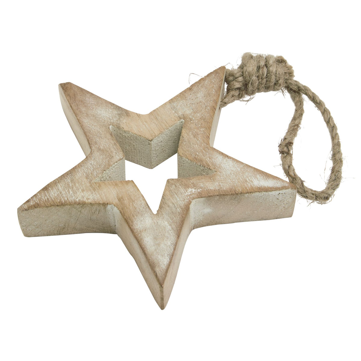 White Wash Collection Small Wooden Hanging Star Decoration - BROWN