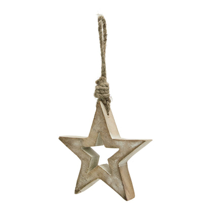 White Wash Collection Small Wooden Hanging Star Decoration - BROWN