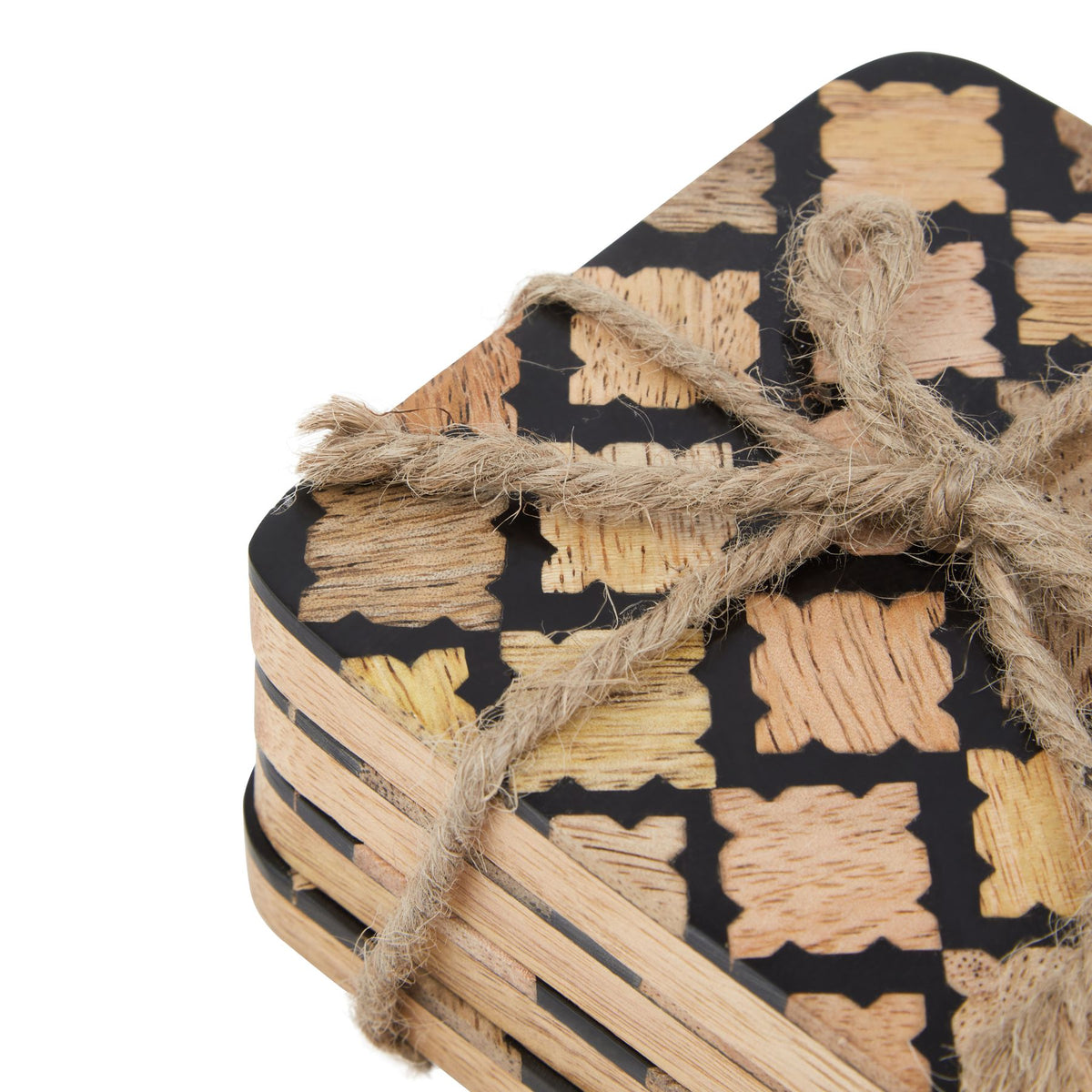 Set Of 4 Wood Effect Black Geometric Coasters - BROWN