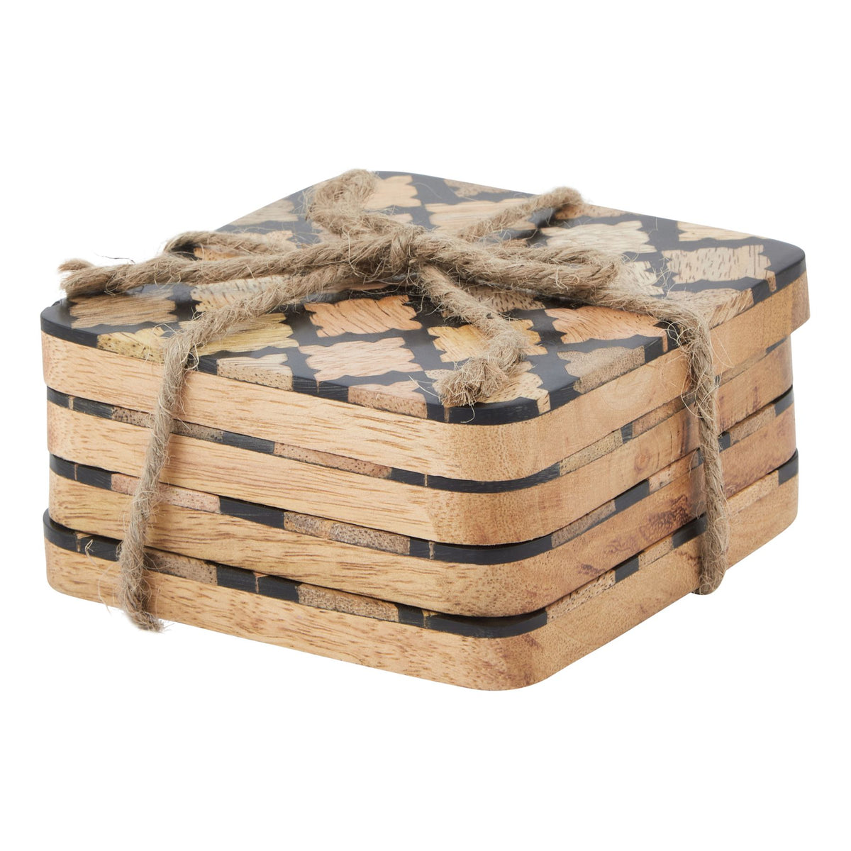 Set Of 4 Wood Effect Black Geometric Coasters - BROWN