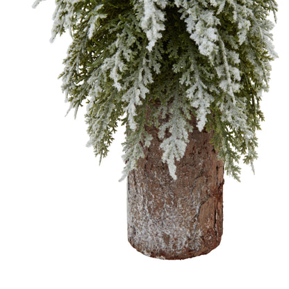 Small Snowy Fir Tree On Tall Wood Log - BROWN