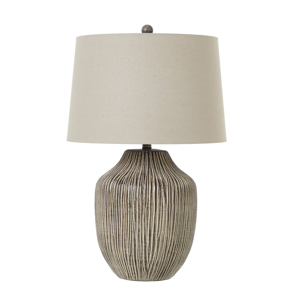 Ochre Carved Textured Table Lamp With Linen Shade - BROWN