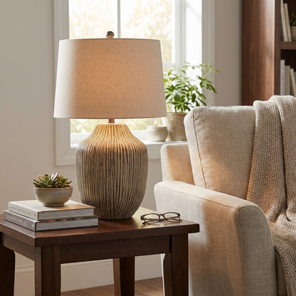 Ochre Carved Textured Table Lamp With Linen Shade - BROWN