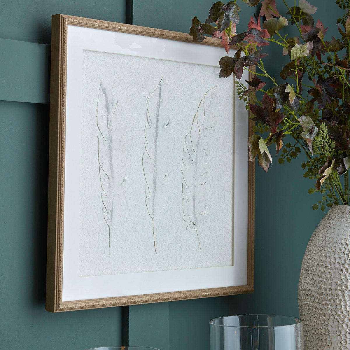 Solli White Feathers Art Mounted In Beaded Frame - BROWN