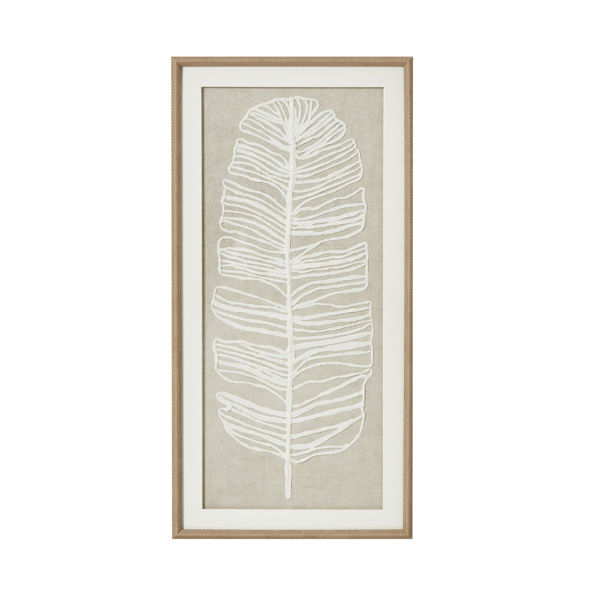 Large Plume White Feather Art Mounted In Beaded Frame - BROWN