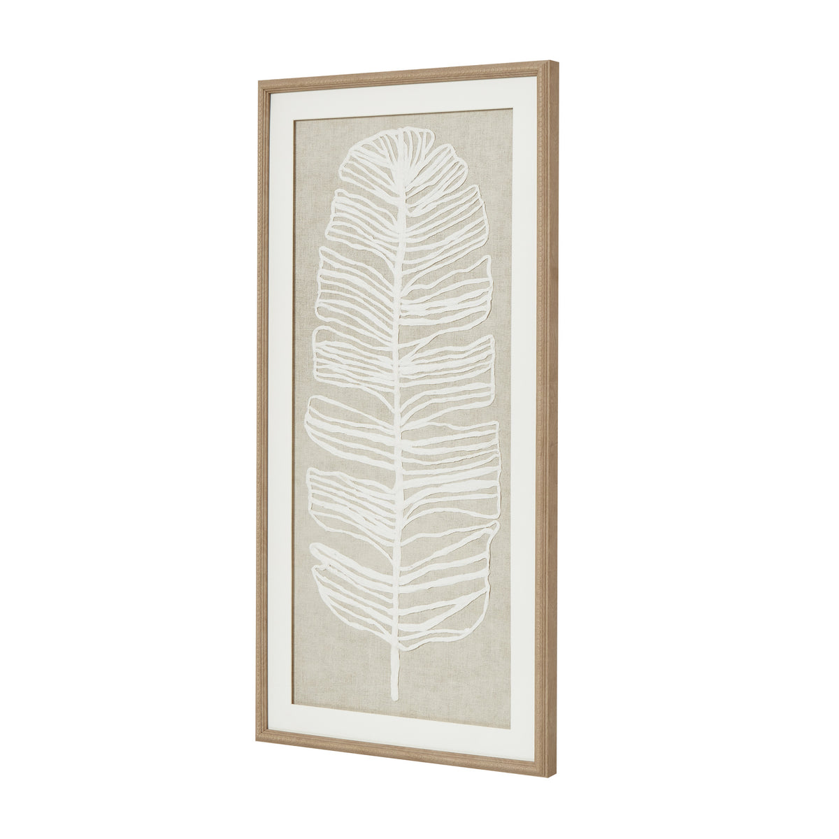 Large Plume White Feather Art Mounted In Beaded Frame - BROWN