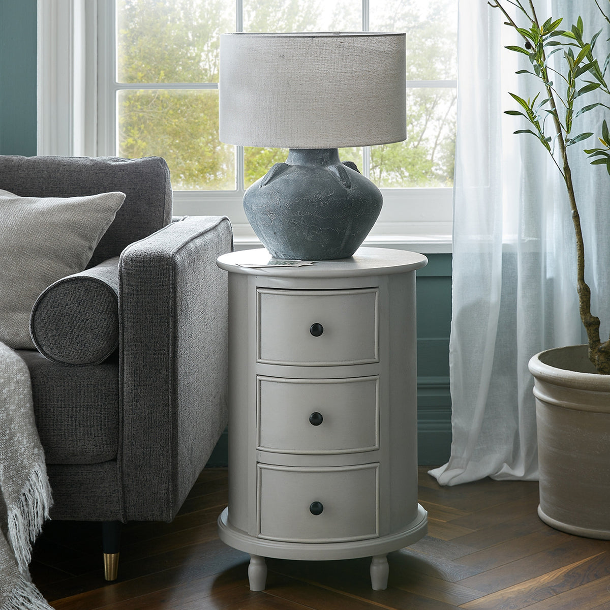 The Camden Collection 3 Drawer Round Side Table - GREY