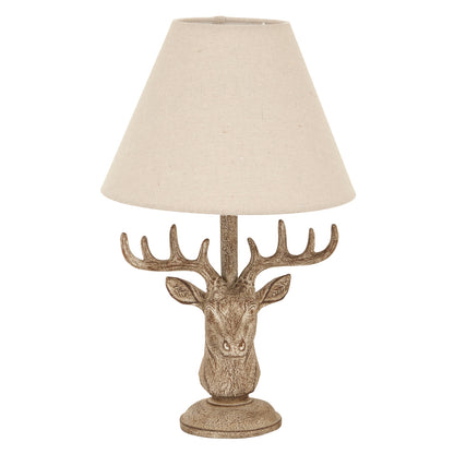 Stonewashed Stag Head Table Lamp With Linen Shade - BROWN