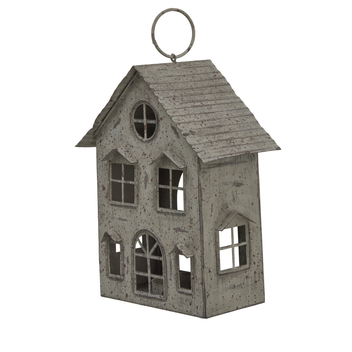 Rustic Metal Hanging House Tealight With Glass Votive - BROWN