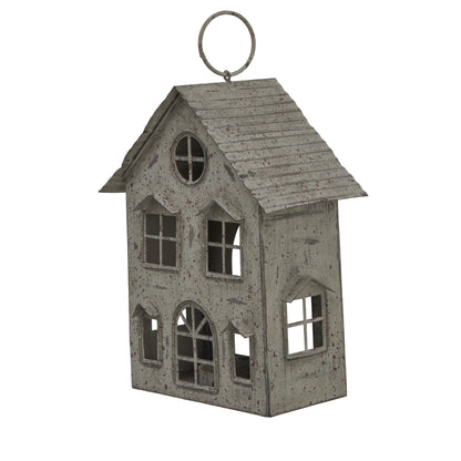Rustic Metal Hanging House Tealight With Glass Votive - BROWN