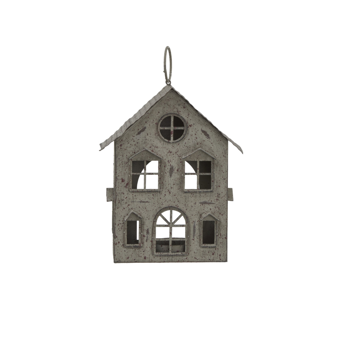 Rustic Metal Hanging House Tealight With Glass Votive - BROWN
