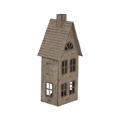 Tall Rustic Metal House Tealight With Glass Votive - BROWN