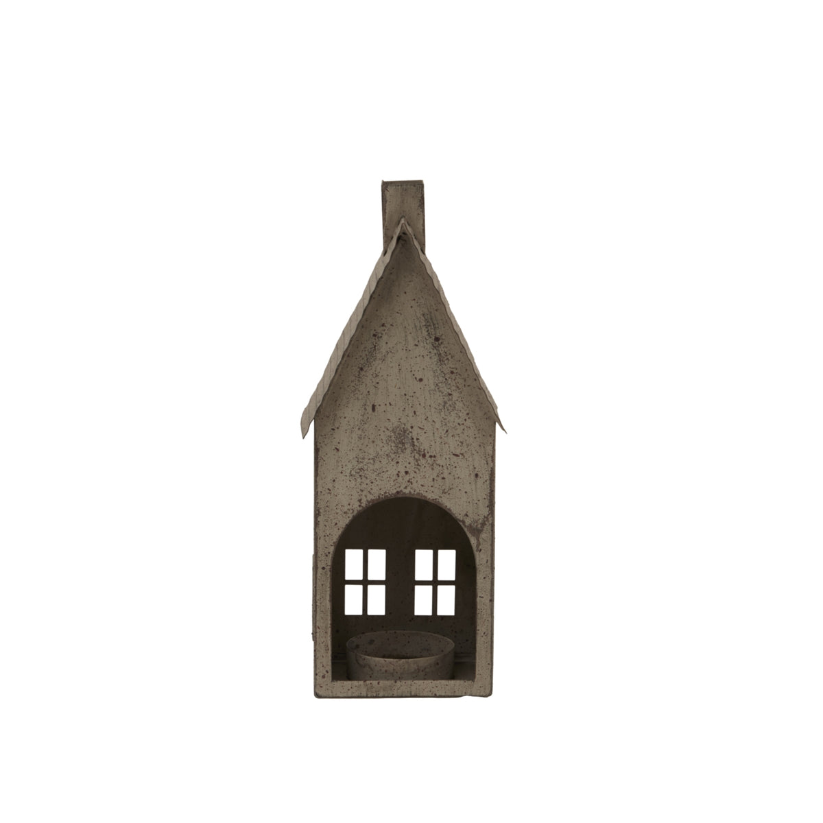 Tall Rustic Metal House Tealight With Glass Votive - BROWN