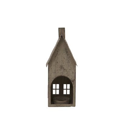 Tall Rustic Metal House Tealight With Glass Votive - BROWN